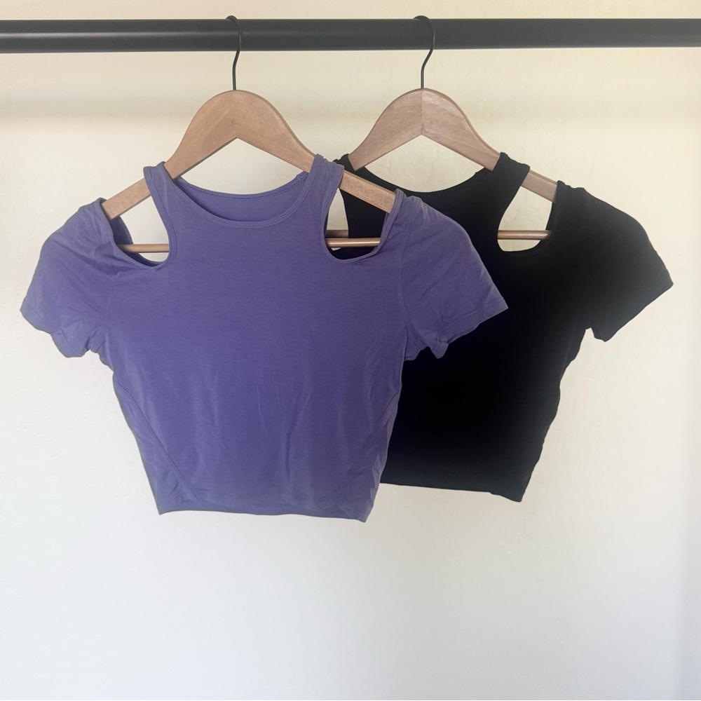 Never worn- lululemon lot of 2-Shoulder cut out yoga t shirts in size 0